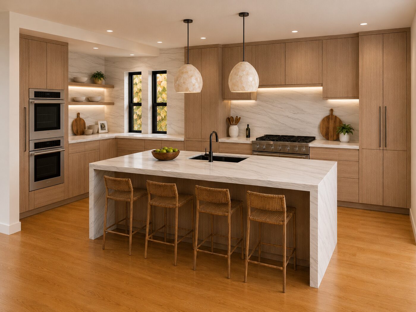 Light oak kitchen with marble island