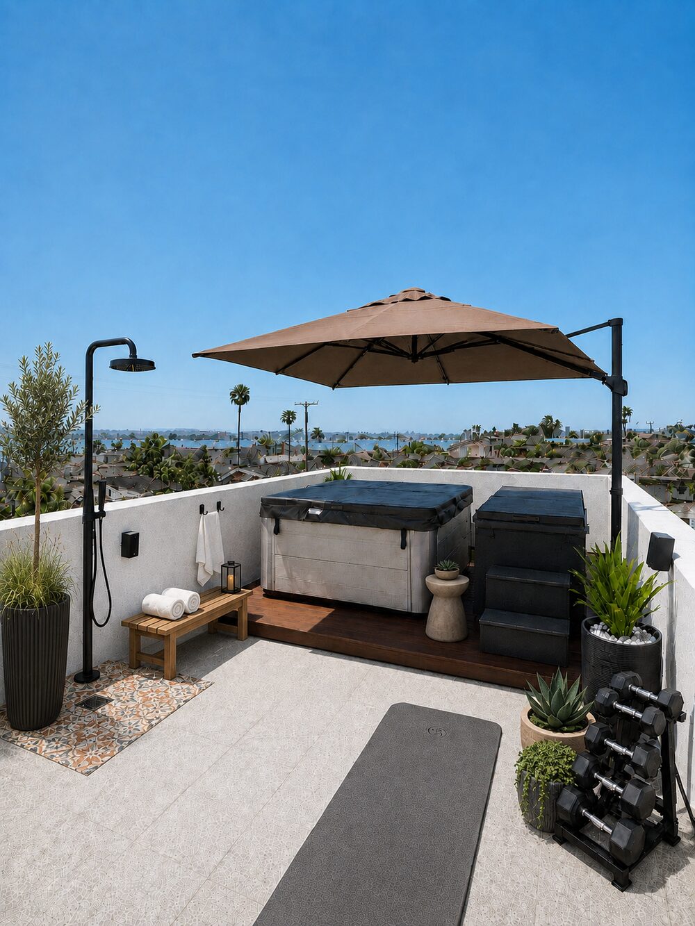 Private rooftop deck with bay views
