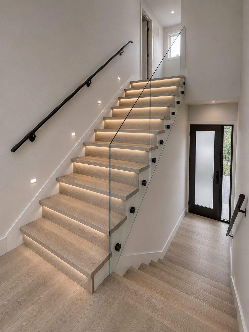 Floating oak staircase with glass railing